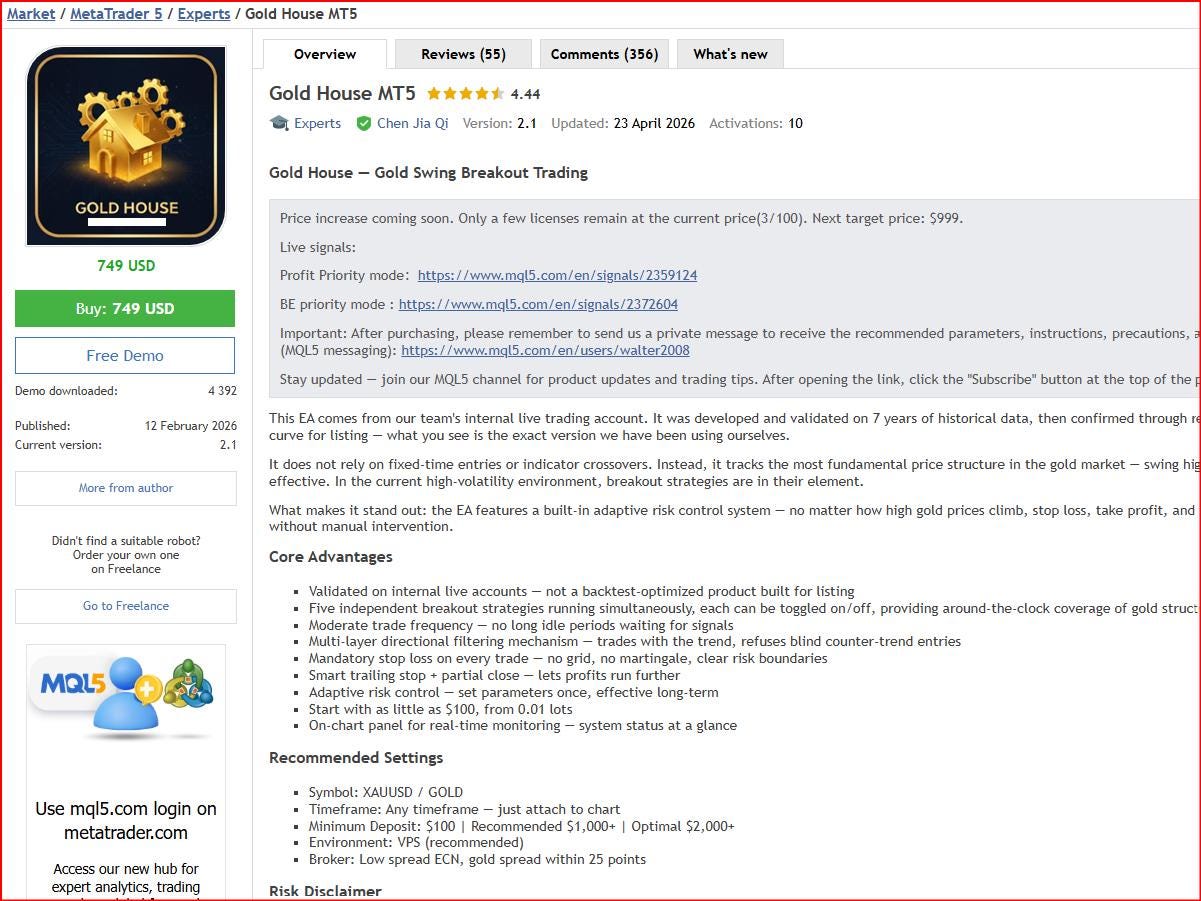 Gold House MT5 EA|Advanced Gold Trading Robot |Smart Scalping & Trend Strategy