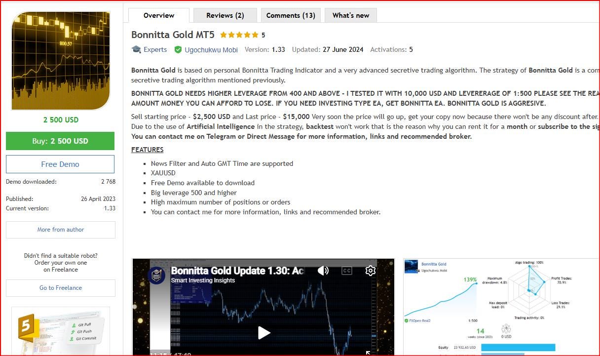 Bonnitta Gold MT4 EA | Professional Gold Scalping Robot | XAUUSD Auto Trader | Forex Trading Software